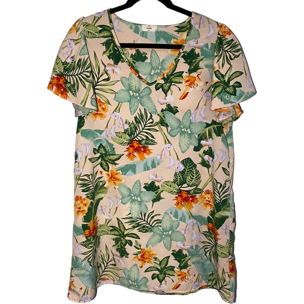 Entro Womens Medium Tropical Floral V Neck Shift Mini Dress Short Sleeves‎ Beach